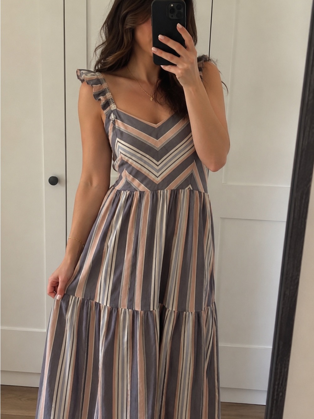 Angie Striped V-Neck Ruffle Strap Maxi Dress in Taupe and Blush